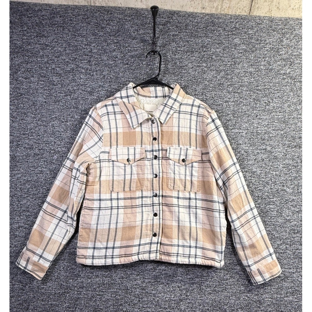 Lucky Brand Womens Plaid Sherpa Lined Shirt Jacket Shacket Tan Cream Size Medium